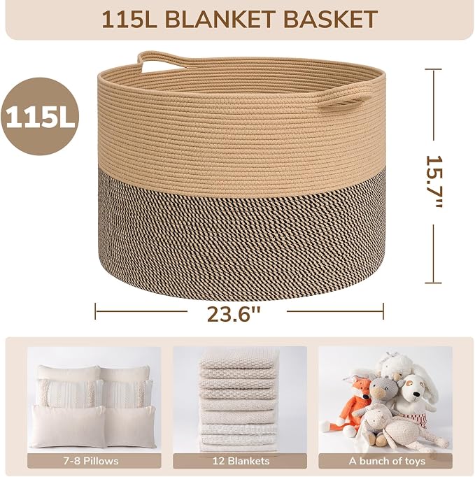 INDRESSME 115L Extra Large Woven Wicker Blanket Basket Living Room | Wicker baskets for organizing shoe, dog toys & pillows. For living room bedroom or nursery decor. soft-touch with handles