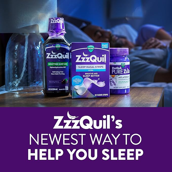 ZzzQuil Sleep Nasal Strips, Clear Nasal Strips, Snoring Relief from Nasal Congestion, Works Instantly, Reduces Nasal Congestion for Less Snoring and Better Sleep, Drug Free, 52 Nasal Strips