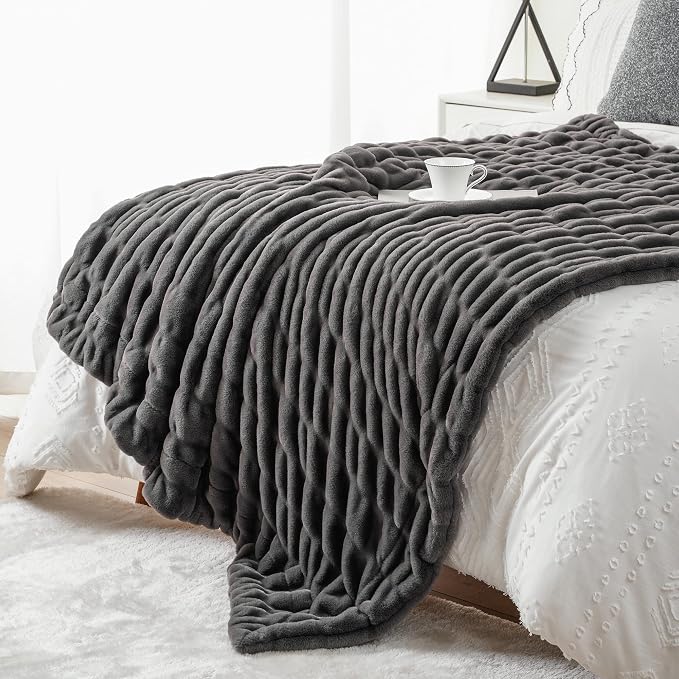 BATTILO Grey Faux Fur Throw Blanket for Couch, 60"x80", Double Side | Luxury Large Minky Couture Blanket, Premium Silky Cozy Warm Soft Fluffy Faux Fur Blanket For Bed, Sofa Living Room
