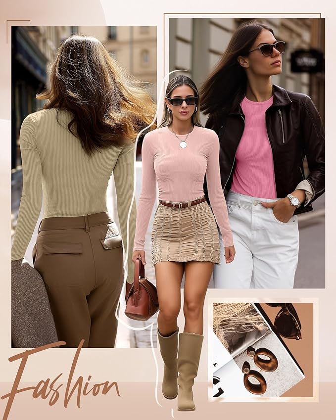 Ficerd 3 Pack Women's Ribbed Long Sleeve Tops, Crew Neck Slim Fit Undershirts Knit Basic Casual Stretch Layering Tee Shirts