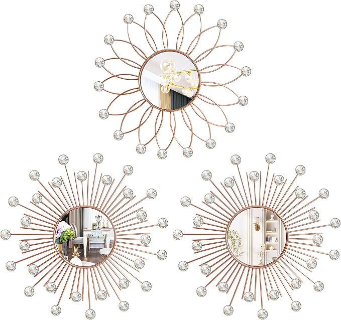 3 Pack Metal Mirrors for Wall Sunburst Wall Mirrors Home Décor Decorative Hanging Wall Art for Living Room Bedroom Entryway (Rose Gold2 Crystal, Flower+Sunburst)