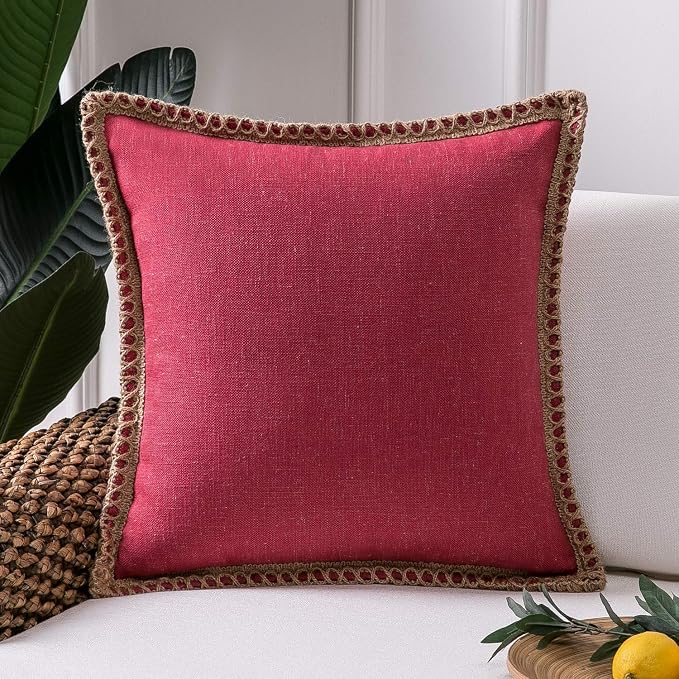 Phantoscope Farmhouse Solid Throw Decorative Pillow Cover Burlap Linen Trimmed Tailored Edges Outdoor Pillow Red 20 x 20 inches, 50 x 50 cm, Pack of 1