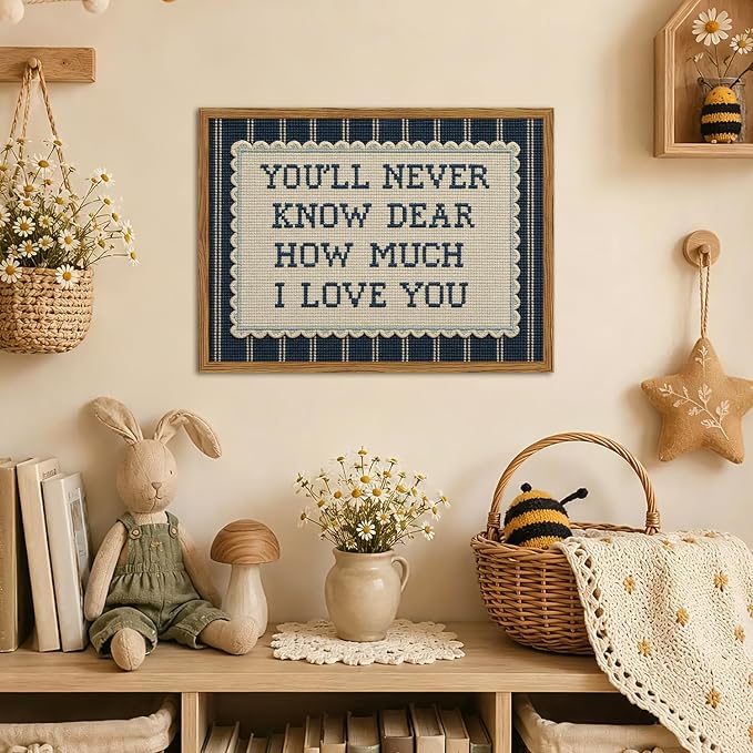 Framed You'll Never Know Dear How Much I Love You Wall Art, Vintage Nursery Blue Striped Pictures Wall Decor, Inspirational Quote Paintings Canvas Prints for Baby Boy Bedroom Living Room 16x24 inch