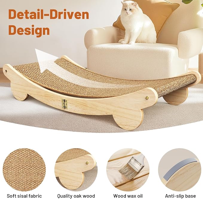 Extra Large 31.5" Cat Scratcher Bed - Sisal-Style Lounge for Indoor Cats | Scratch Pad & Lounge, Modern Wooden Cat Furniture, Protects Sofa & Carpet, for Scratching & Resting, for Large/Multi-Cat Home