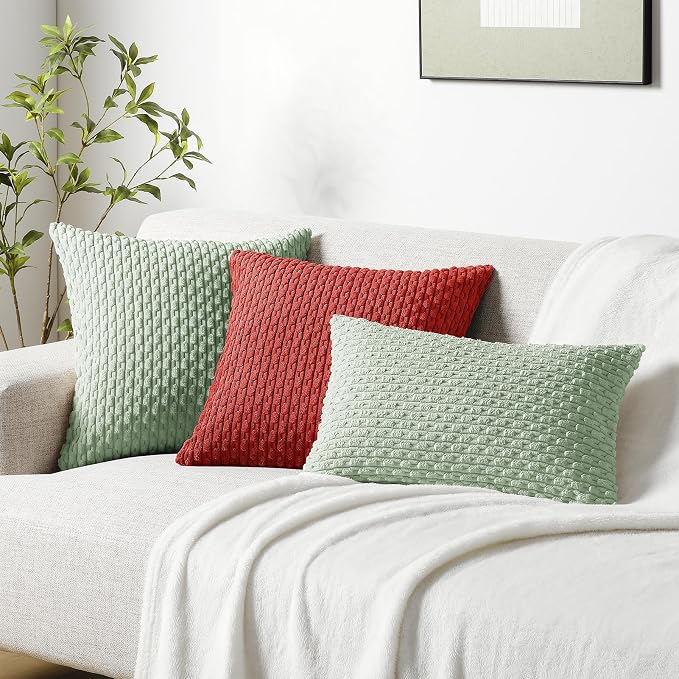 Softalker Corduroy Decorative Throw Pillow Covers 18x18, Set of 2, Red | Soft Boho Striped Pillow Cases, Couch Fluffy Cushion Covers for Farmhouse Home Decor Bed Living Room