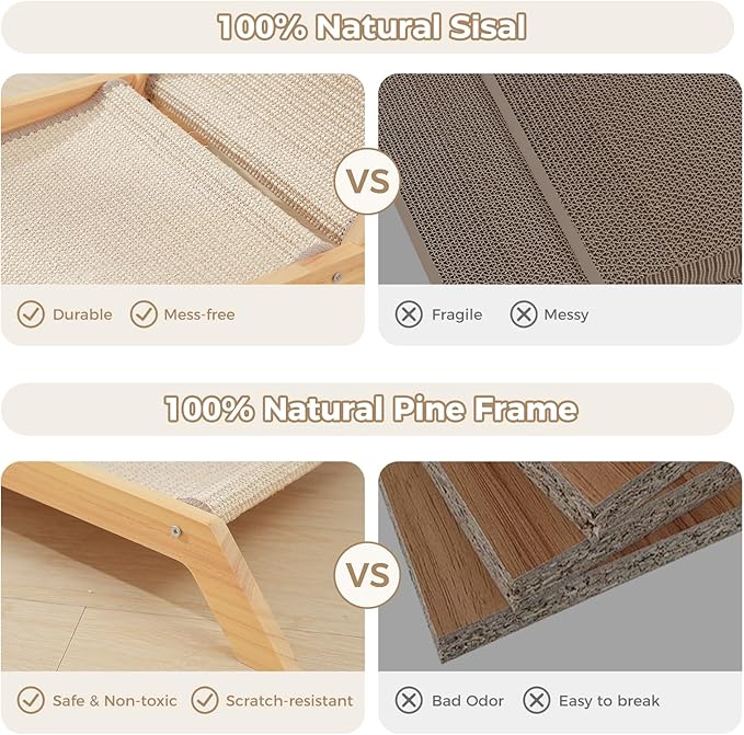 Avont Sisal Cat Scratcher Bed for Indoor Cats, Solid Wood Scratching Lounge | No-Mess Cat Chair Couch Horizontal Scratcher - Extra Large