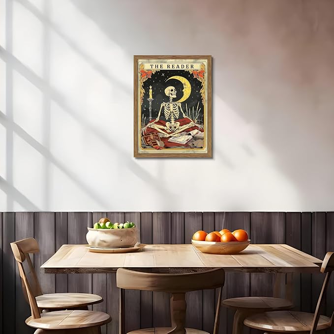 Framed The Reader Tarot Canvas Wall Art, Skeleton Reader Tarot Card Pictures Wall Decor, Bookish Witchy Library Poster Print Artwork for Witchy Reading Nook Book Lover Gift 16x24 inch