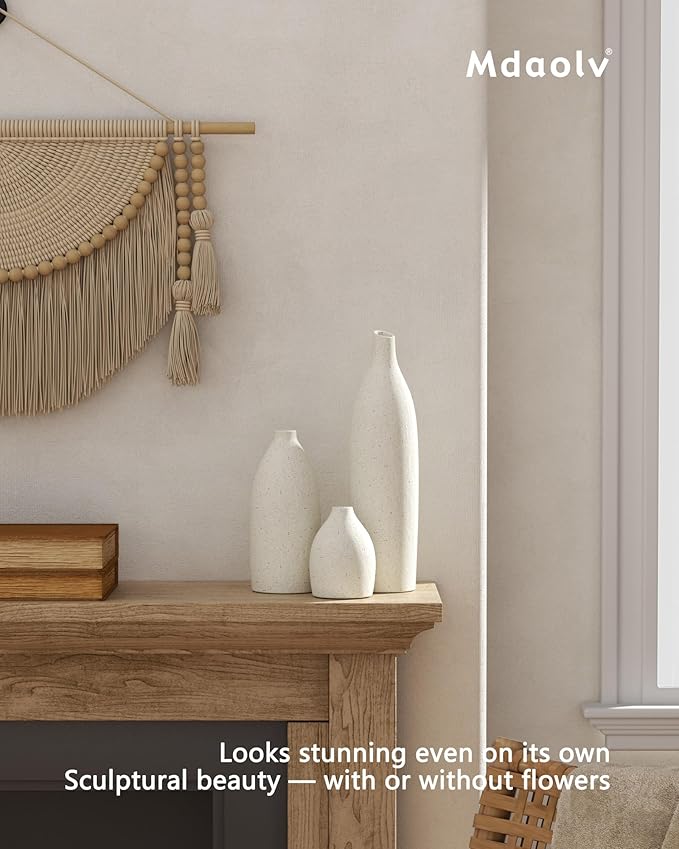 Matte Clay Flower Vase Set of 3 Minimalist Nordic Modern Decorative Ceramic Vases for Home Table Decor, Fireplace Mantel Shelf Entry Way Console Kitchen Island Dining Table Centerpiece (Cream White)