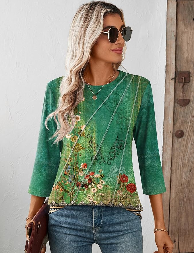 LOMON 3/4 Length Sleeve Womens Tops Spring Summer Fashion 2026 Tops Crew Neck Pleated Shirts Tunic Top Loose Fit