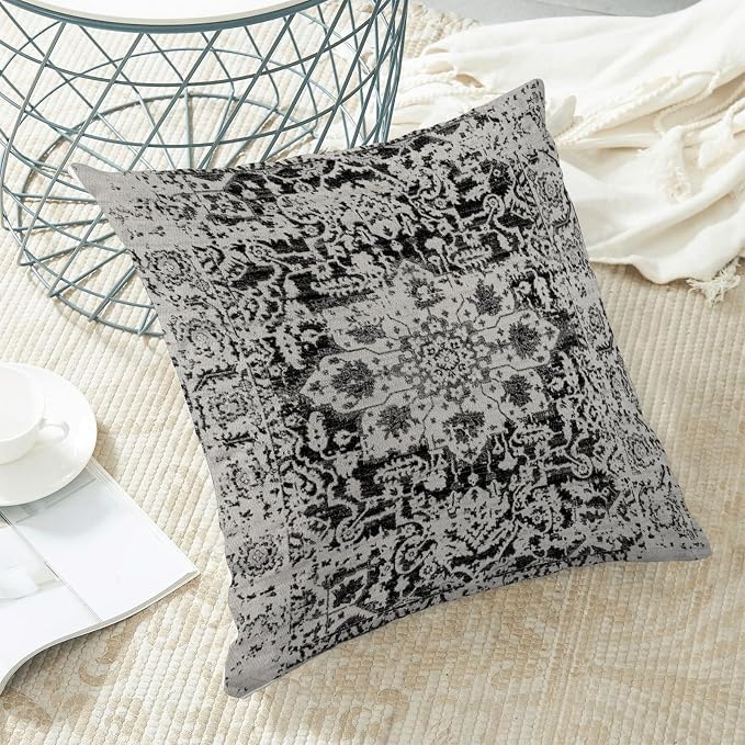 AEIOAE Boho Pillow Covers 18x18 Inch Set of 2,Black Grey Gray Carpet Pattern Throw Pillows Case,Ethnic Design Retro Outdoor Decorative Square Linen Farmhouse Decor Cushion Covers for Home Sofa Couch