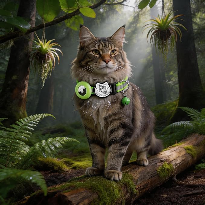 Cat Collar with AirTag Holder, QR Code Tag and Bell (Neon Green)