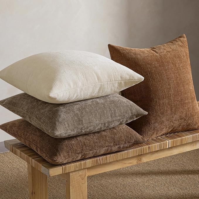MIULEE Pack of 4 Fall Decorative Throw Pillow Covers 24x24 Inch Chenille Textured Throw Pillows Boho Farmhouse Cushion Covers Vintage Home Decor for Couch Sofa Bed Living Room，Beige Taupe Brown