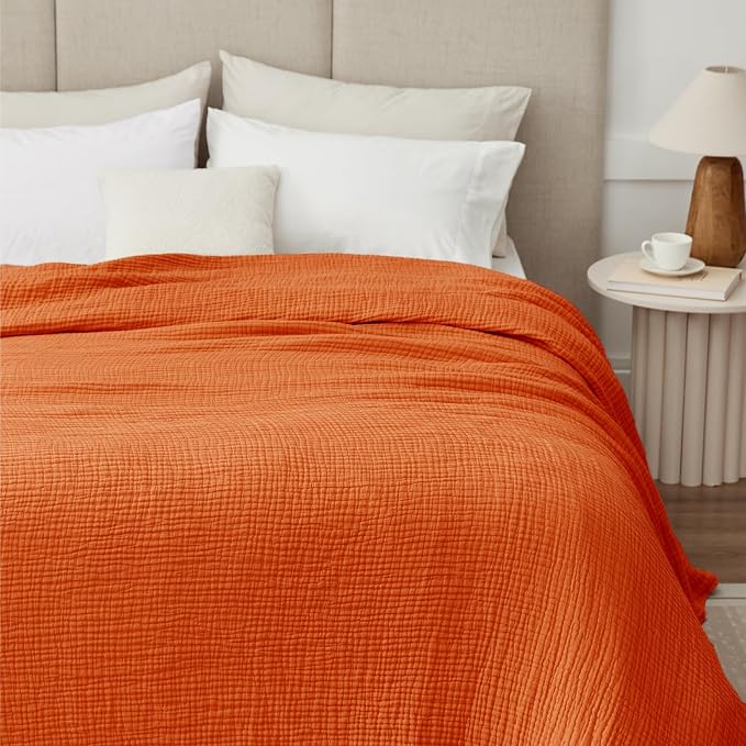 100% Cotton Muslin Blanket Large 50"x 70", 6 Layers Breathable and Lightweight Cotton Throw Blankets for Couch, Soft Cooling Summer Gauze Blanket for Adults All Season, Orange