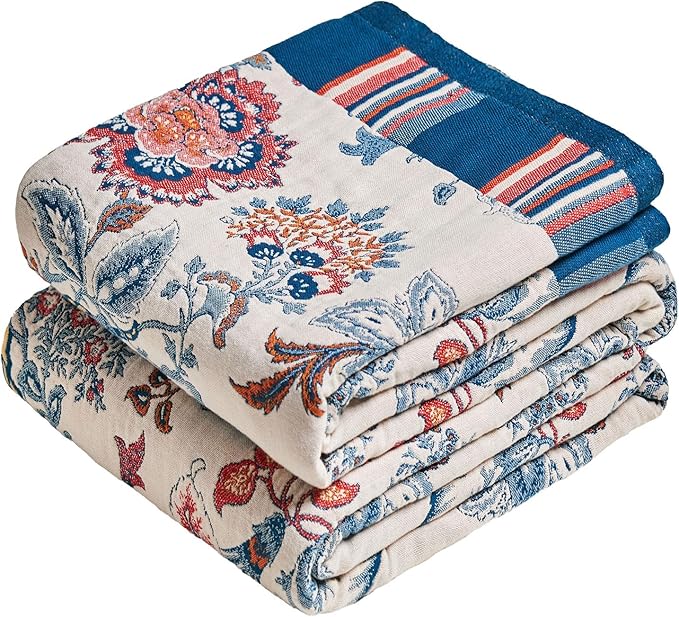 MSGKV Boho Throw Blanket 90"x108" Summer Cotton Floral Blanket for King | Muslin Throw, Floral Pattern, Reversible Woven, Lightweight Comfort, King Size Blanket, Farmhouse Decor, Machine Washable