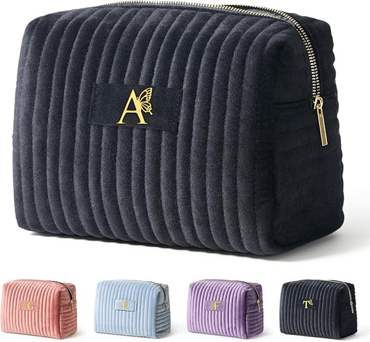 COSHAYSOO Personalized Best Friend Birthday Gifts for Women Unique Woman Happy Retirement Gift, Travel Makeup Bag Quilted Make Up Cosmetic Pouch Beauty Accessories Organizer Black Initial Letter A