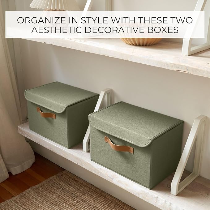 Decorative Linen Storage Boxes with Lids - Large Set of 2 Organizer Bins | The Perfect Container for Home Decor - Safely Store Photos, Documents and Memory Box Keepsakes in Style