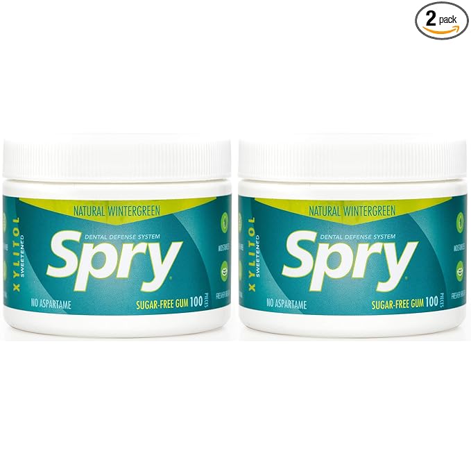 Spry Fresh Natural Xylitol Chewing Gum Dental Defense System - Aspartame-Free, Sugar-Free, Non-GMO, Gluten-Free (Wintergreen, 100-Count, Pack of 2)