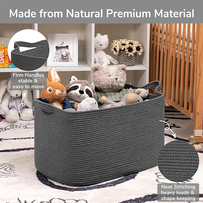 Goodpick 85L Large Woven Rope Blanket Basket, Rectangle, Dark Gray | 23.6'' x 15.7'' x 13.8'' Storage Basket for Blankets, Clothes, Toys & Pillows, Living Room, Bedroom & Nursery Organization