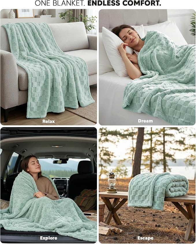 Utopia Bedding Plush Checkered Fleece Blanket Sage Green Throw (50x60 Inch) | Soft, Cozy, Couch, Bed, Home Decor, Travel Friendly, Throws, Gift for Women and Men