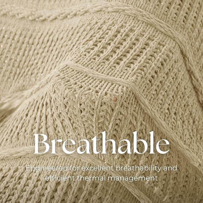 Boho Knitted Chenille Blanket with Tassels - Lightweight & Soft All-Season Throw - 3D Classic Pattern for Living Room Bedroom Couch, Sandy Beige, Twin 60"x80"