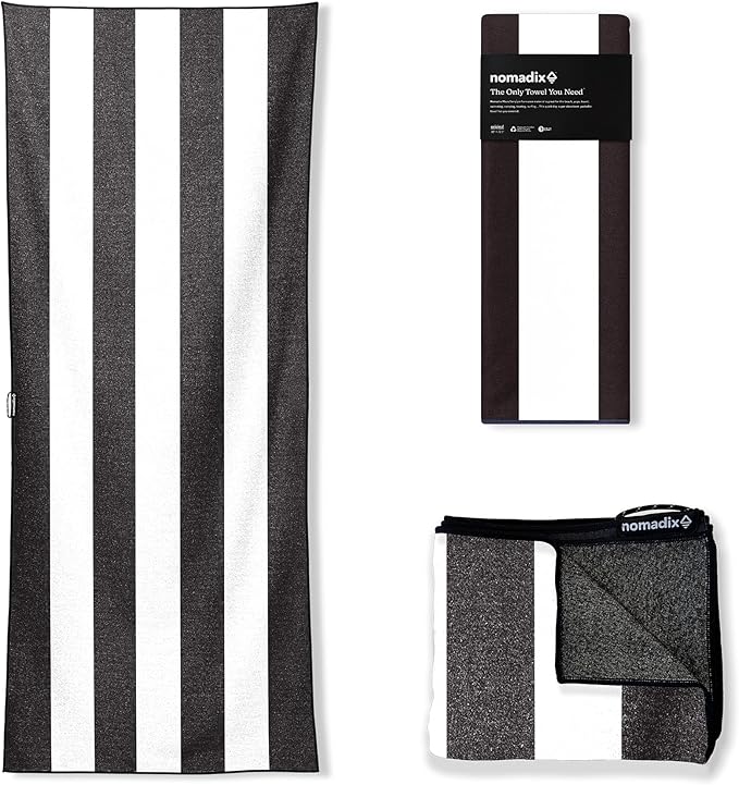 Nomadix Original Towel - Perfect for Beach, Pool, Travel, Camping, Yoga - Made with Recycled Materials - Super Absorbent - Sand Resistant - Classic Cabana Black - 72.5x30