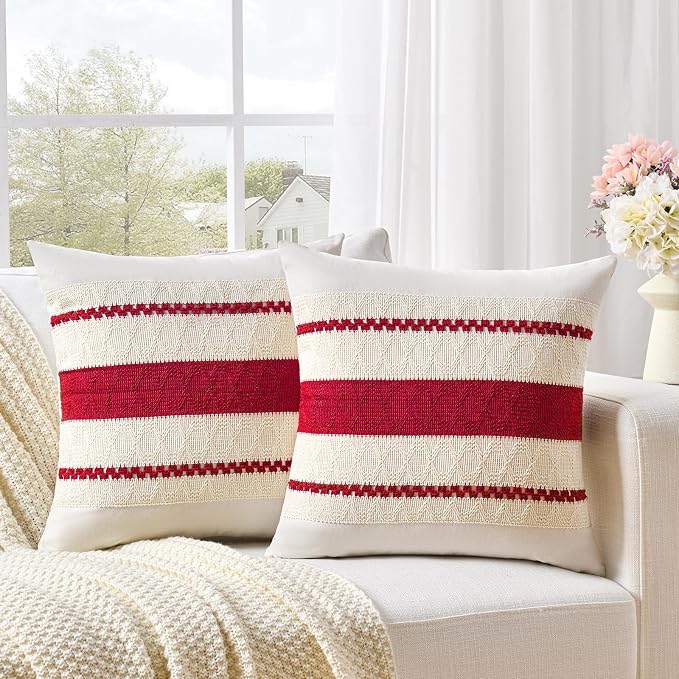 Fancy Homi Set of 1 Boho Red Decorative Throw Pillow Cover 18x18 Inch for Couch Bed Sofa, Aesthetic Modern Organic Farmhouse Home Decor, Soft Cotton Cute Accent Macrame Woven Cushion Case