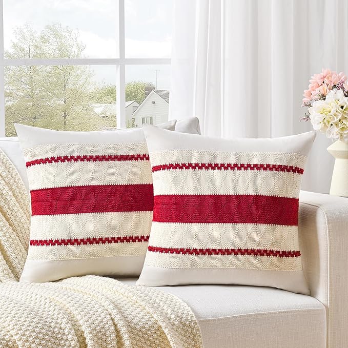 Fancy Homi Set of 1 Boho Red Decorative Throw Pillow Cover 22x22 Inch for Couch Bed Sofa, Aesthetic Modern Organic Farmhouse Home Decor, Soft Cotton Cute Accent Macrame Woven Cushion Case