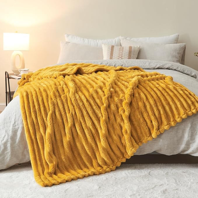 NEWCOSPLAY Fleece Ribbed Cozy Throw Blanket for Couch, Yellow, 50"x60" | Premium Silky Flannel Blanket, Soft Lightweight Fluffy Throw Blanket for Bed Sofa Decor, Gift for All Season Use