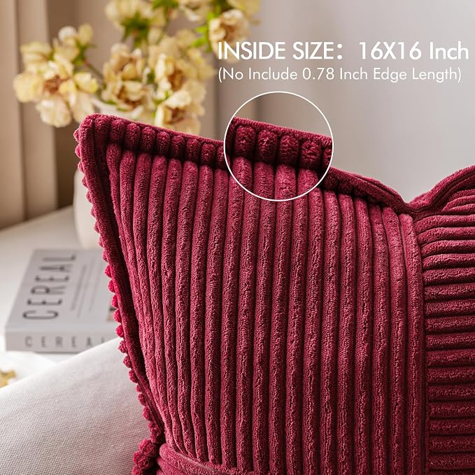 MIULEE Decorative Throw Pillow Covers for Couch 16x16 Inch Burgundy 2 Pack | Boho Broadside Striped Patchwork Pillow Covers, Soft Corduroy Cushion Cases, For Sofa Bed Livingroom Home Decor