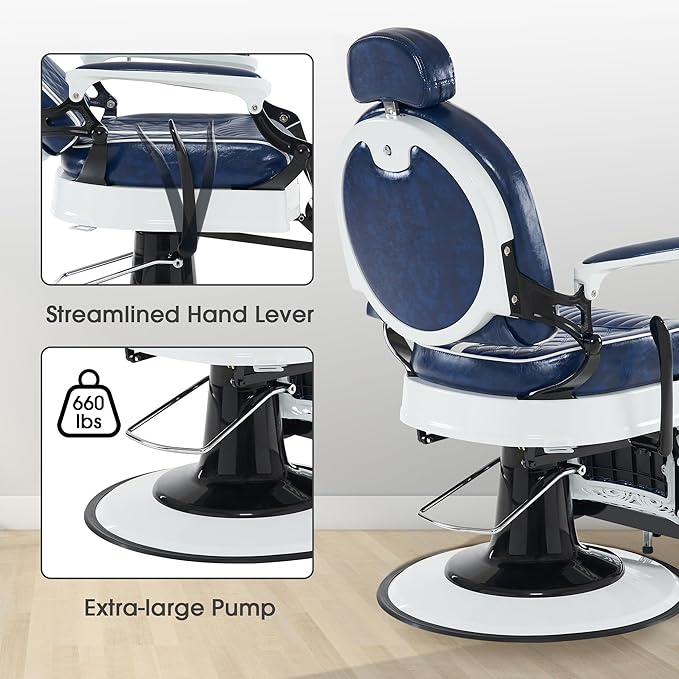 BarberPub Heavy Duty Metal Vintage Barber Chair All Purpose Professional Hydraulic Reclining Salon Beauty Spa Chair Styling Equipment 8730 (Blue)