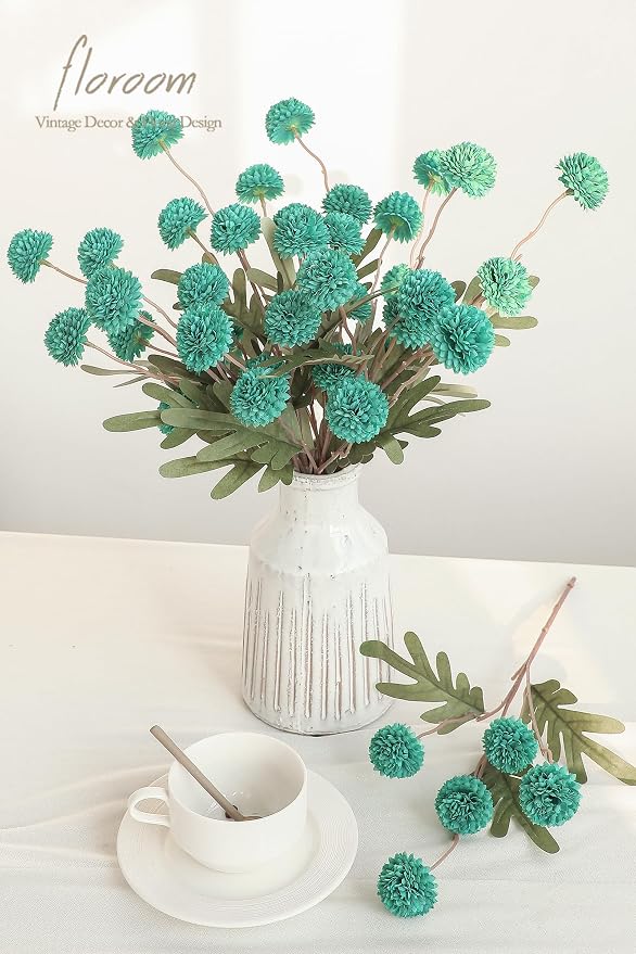 5pcs Teal Green Faux Silk Mums Artificial Flowers, Bulk Fake Small Mini Chrysanthemums with Stems for DIY Wedding Centerpieces Floral Arrangements Vase Fillers Home Decorations