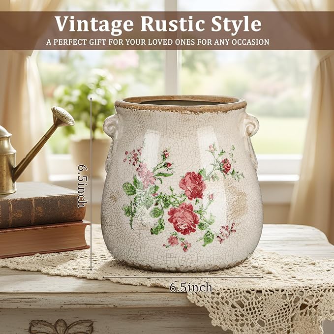 Ceramic Scroll Planter 6.5 Inch Chinoiserie Floral Vase with Drainage Holes Vintage Flower Vase Flower Pot Rustic Ceramic Pots for Indoor Plants Garden Home Bookshelf Decor(Pink Green)