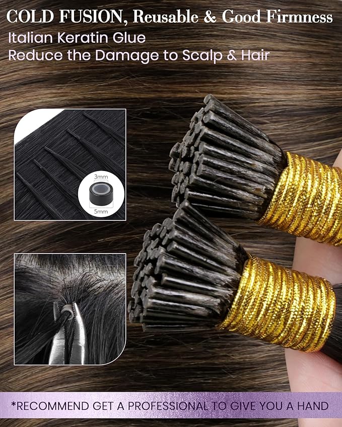 LaaVoo I Tips Human Hair Extensions Dark Brown Balayage Brown I Tip Hair Extensions Human Hair Seamless Itips Hair Extensions Silky Straight for Women 24inch 100g 100s
