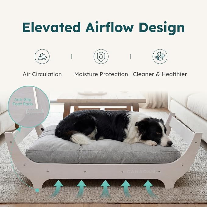 CANAGAN Elevated Wood Dog Bed Frame with Cushion, MaplePattern, Large | Raised Dog Couch Bed with Washable Cover and Plush PP-Filled Cushion, Furniture-Style for Indoor Living