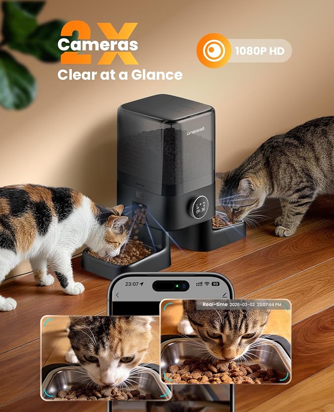 oneisall Automatic Cat Feeder with Camera for 2 Cats Pets, 20 Cups/5L | 5G Wi-Fi, Dual Cameras, HD Night Vision, 2-Way Audio, Motion-Activated Alerts, APP Remote Control, Feed Now, Feeding Logs