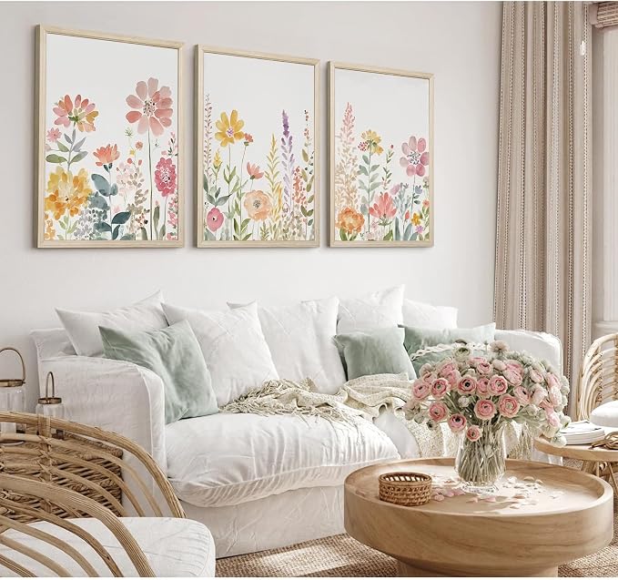 Watercolor Wildflower Wall Art Decor Colorful Flower Pictures Canvas Floral Botanical Wall Art Vintage Prints Poster Floral Painting Artwork for Living Room Bedroom 16x24 Inch Framed Set of 3