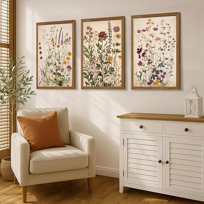 WRFON Botanical and Flower Canvas Wall Art, Framed Wildflower Wall Art Set of 3, Vintage Meadow Flower Canvas Prints, Cottagecore Floral Decor for Living Room Bedroom Bathroom Farmhouse Home, 20x30