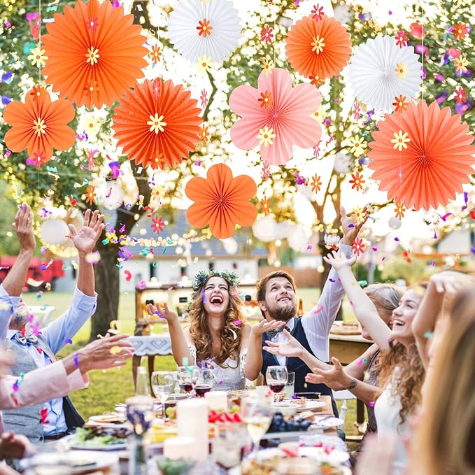 SUNBEAUTY Pink and Orange Party Decorations, Paper Flowers Decoration Fans | 9 Pcs Orange & Pink groovy paper fans, Paper flowers decorations for wall, Wall hanging decor, Office, Classroom, Baby shower