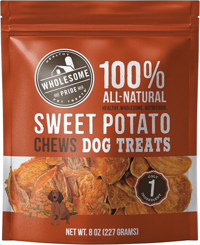 Wholesome Pride Sweet Potato Chews Healthy Dog Treats, 1 Ingredient, 8 oz | No Preservatives, 100% Sweet Potato, Gently Dehydrated, Supports Digestion, No Grain or Gluten, Training & Snacking