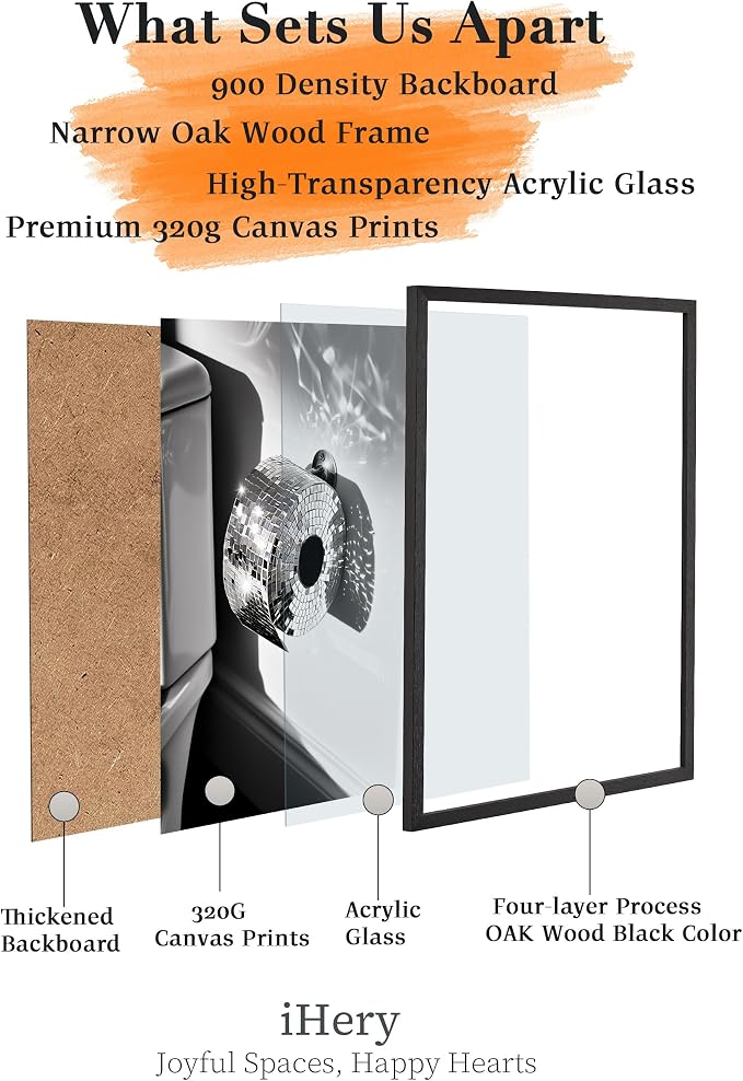 iHery 8x10in Disco Ball Toilet Paper Framed Bathroom Wall Art | Premium Black OAK Wood Frame with Canvas Print, Funny Black and White Decor for Bathroom, Powder Room Guest Bathroom 1Pack