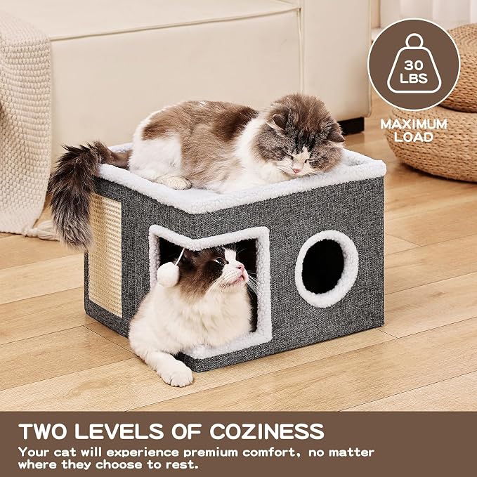 Large Cat Houses for Indoor Cats with Fluffy Ball and Scratch Pad | Foldable Cat Bed Cave for Multiple Pets, Kitten Bed for All Seasons, Non-slip, Hold Up to 30LBS, 16x16x13inch, Grey