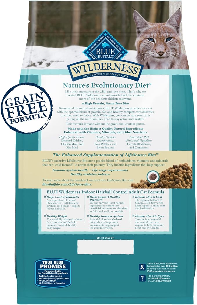 Blue Buffalo Wilderness Chicken Indoor Hairball Control Dry Cat Food, 5 lb | Real Chicken #1 Ingredient, High Protein & Grain-Free Recipe, Promotes Healthy Digestion