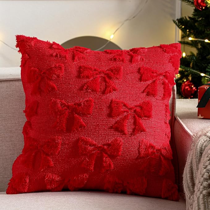 Mixweer Red Bow Pillow Covers Set of 2 Preppy Room Decor Coquette Cute Spring Summer Decorative Faux Fur Soft Bowknot Stuff Fluffy Plush Aesthetic Pillowcase for Bed Sofa Couch (18 x 18 Inch)