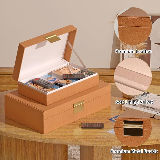 Decorative Storage Box Set of 2, PU Leather Organizer for Home Decor Brown | Multi-Purpose Beautiful Decorative Container with Lids Store Photos, Documents, Memory Box Keepsakes Collect, ideal for Gifts