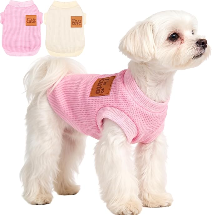 2 Pack Dog Shirt Vest Dog Clothes for Small Dogs Summer Waffle Puppy T-Shirts Soft Sleeveless Pet Clothes Lightweight Medium Large Doggy Outfit Cat Clothing (Pink+Beige, Large)