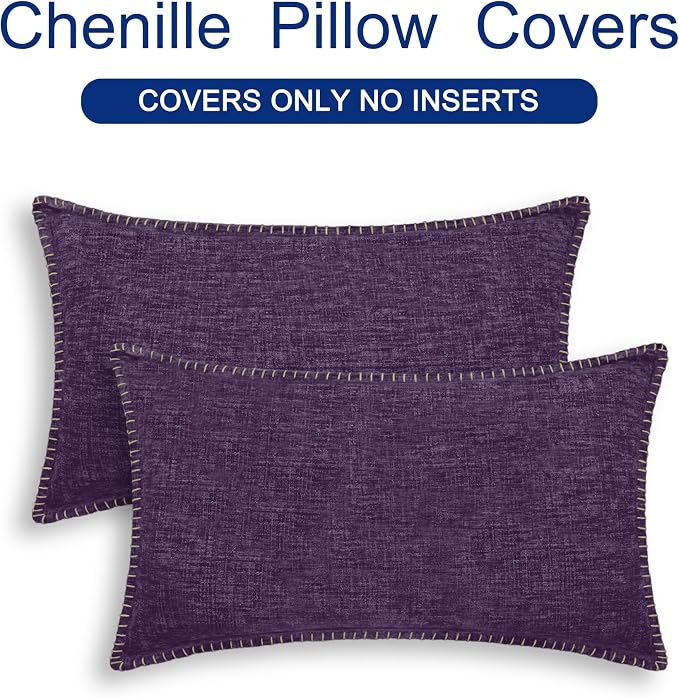 CaliTime Decorative Couch Throw Pillow Covers 20 X 12 Inches Plum Purple | Pack of 2, Cozy Chenille Cushion Cases, Cotton Thread Stitching Edges, for Sofa Bed Living Room Farmhouse