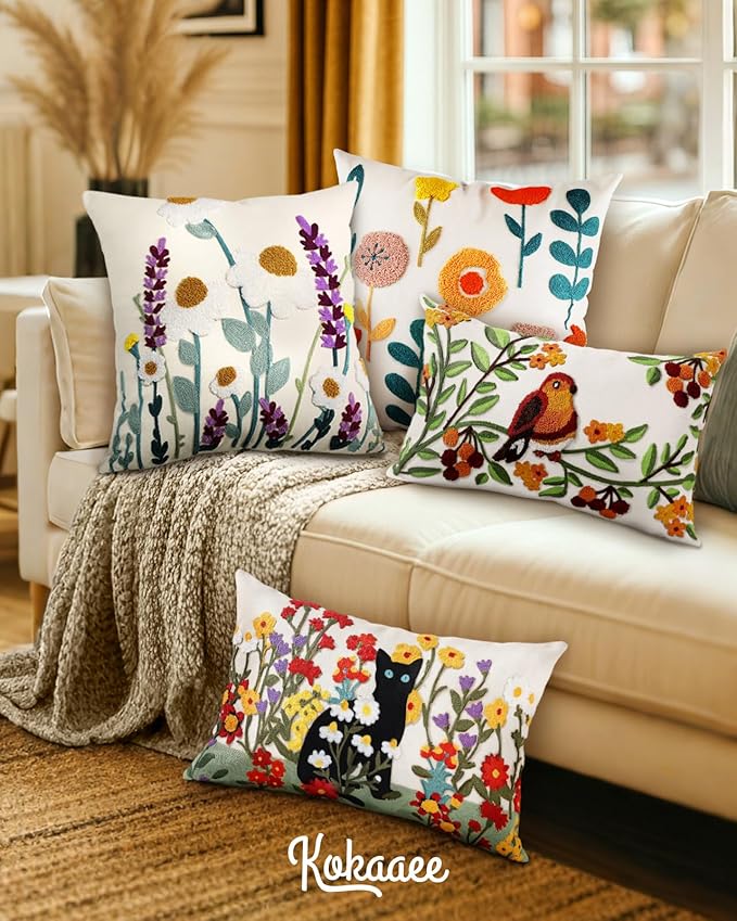 Embroidered Lumbar Pillow Cover - 20x12 Decorative Pillow Cover with Zipper Aesthetic Cute Design Boho Spring Summer Cozy Throw Pillowcase for Living Room Couch Sofa Bed, Plants