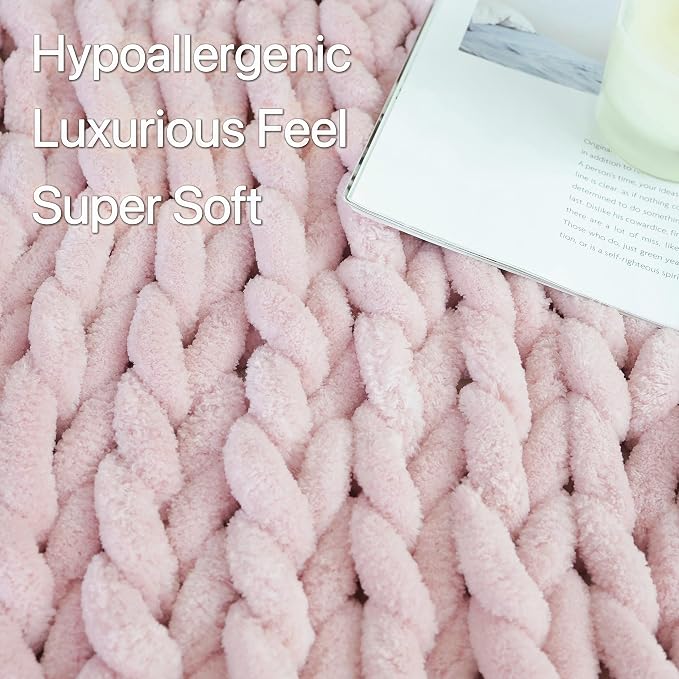 Maetoow Chenille Chunky Knit Blanket Throw （50×60 Inch）, Handmade Warm & Cozy Blanket Couch, Bed, Home Decor, Soft Breathable Fleece Banket, Christmas Thick and Giant Yarn Throws, Light Pink