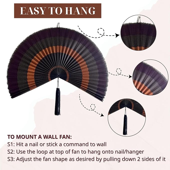 ChumDecor Bamboo Fan Wall Decor, Japanese Wall Fan Decoration, Ebony 40 in | Large Oriental and Asian Style Hanging Decoration for Above the Bed Headboard Dresser or an Empty Living Room Space