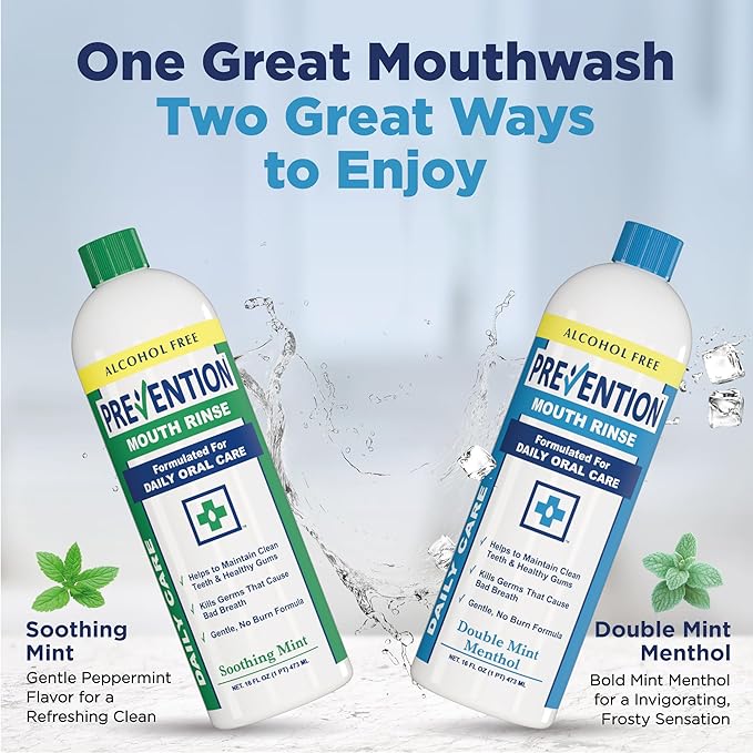 Prevention Daily Care Combo Pack, Alcohol-Free Mouthwash, Hydrogen Peroxide Teeth Whitening, 1 Bottle of Soothing Fresh Mint, 1 Bottle of Double Mint Menthol, Gum Care Oral Mouth Rinse 16 oz 2 Pack.
